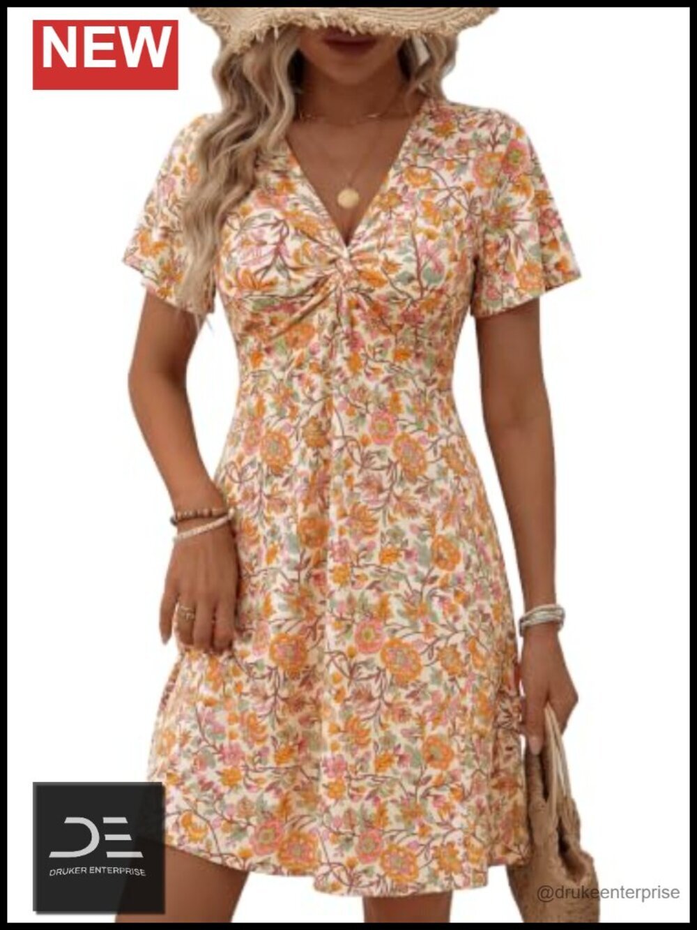 V Neck Knot Front Dress Summer Ruffle Short Sleeve Sundress